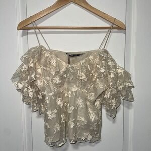 Zara Tulle Ruffle Top Cream Floral Off Shoulder NWT Fairy Boho Romantic xs